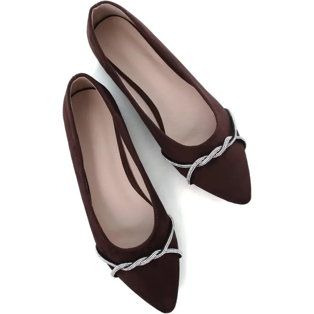 Women's Brown Rhinestone Casual Flats Fashion Chain Pointed Toe Ballet Flat